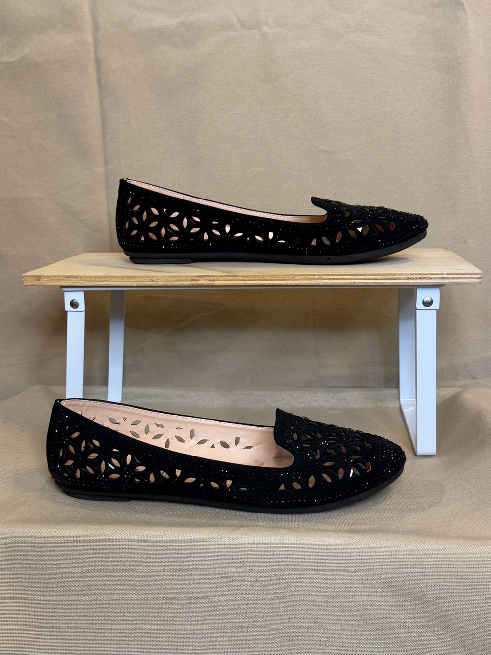 Black Laser-Cut Slip-On Loafers for Women